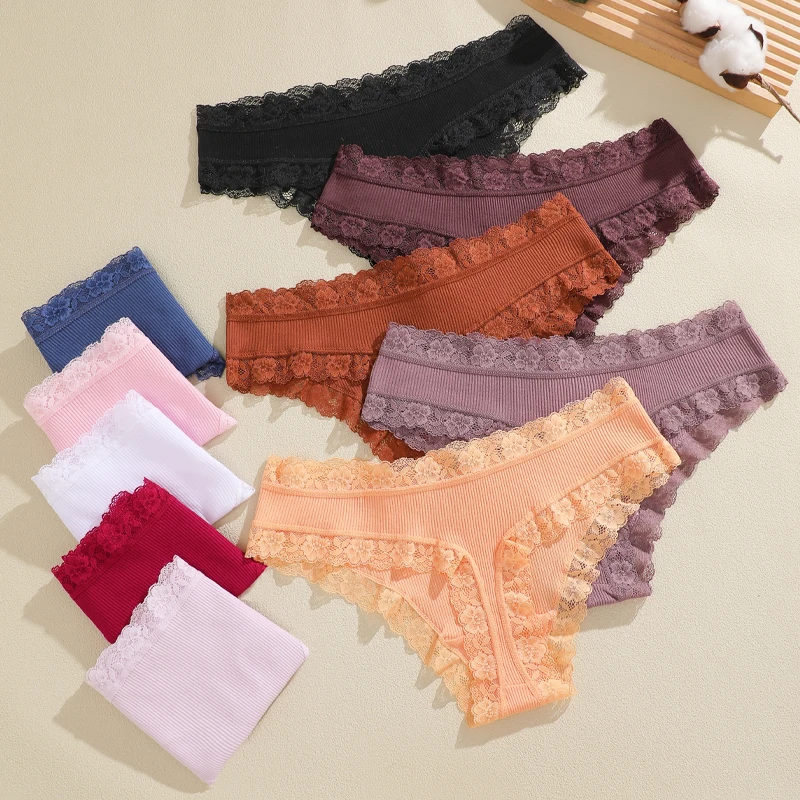 Conjunto de 6 bragas de encaje de algodón para mujer, color liso, transpirables, de cintura baja, tangas suaves y cómodas para mujer