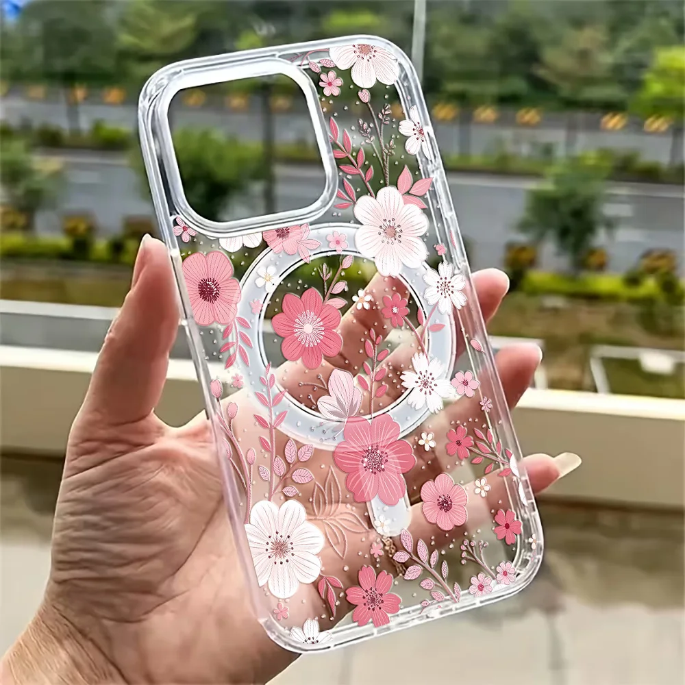 Funda Transparente con Diseño de Flores Silvestres para iPhone 17 16 15 14 13 12 11 Pro Max Plus 16e 17Air, Compatible con Carga Inalámbrica Magsafe