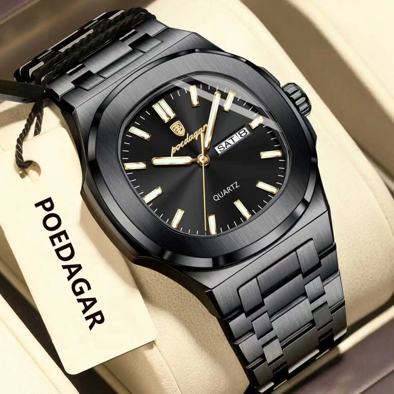 POEDAGAR, relojes cuadrados de lujo para hombre, Reloj luminoso resistente al agua con fecha y semana para hombre, Reloj de pulsera de cuarzo a la moda de acero inoxidable para hombre