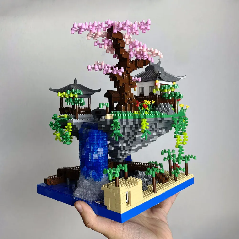 Taohuatan-Juego de bloques de construcción de Micro ladrillos con temática de lago, juguetes creativos para adultos, ladrillos de modelo de paisaje chino único con luz LED