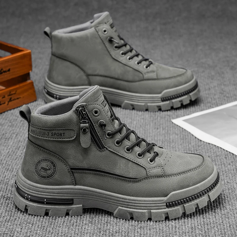 2025 A/W Nuevas botas de trabajo al aire libre de caña media alta para hombres - con cremallera, estilo de montañismo deportivo informal para senderismo