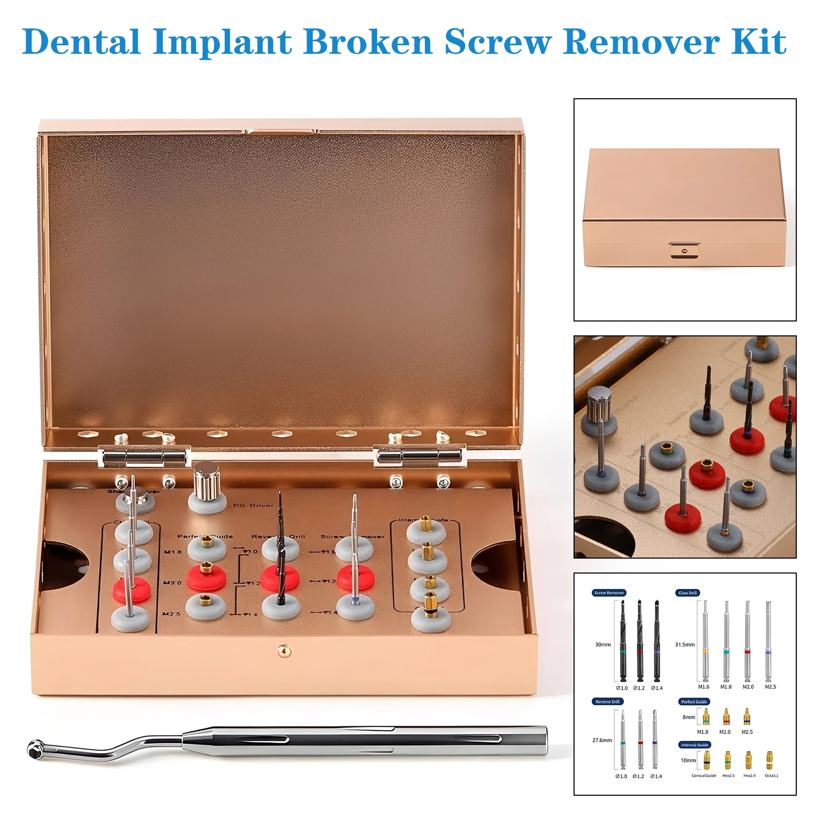 Kit de eliminación de implante Dental Universal, tornillos de acero inoxidable, caja dorada/plástica, extracto de tornillos rotos