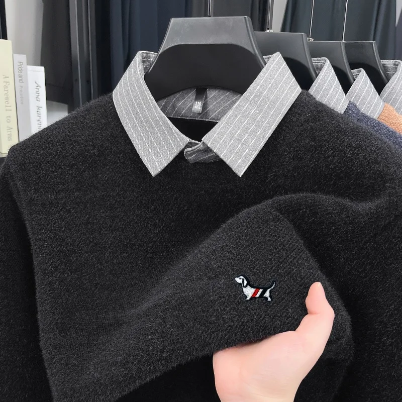 Prendas de punto de manga larga con capucha de bloqueo de Color para hombre de marca de diseñador, ropa de viaje a la moda con estampado de perro cálido y grueso para invierno