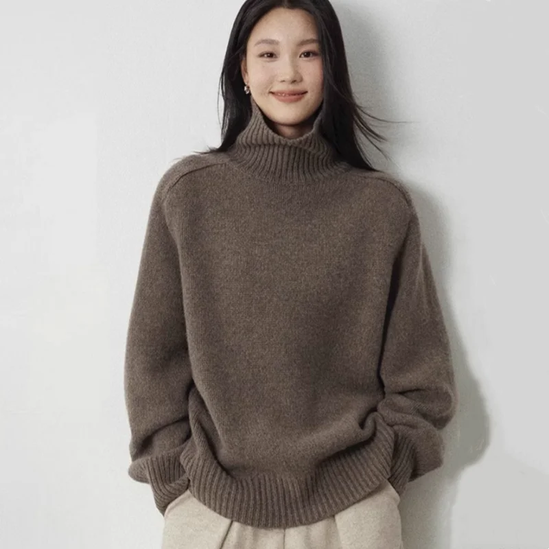Suéter de lana de cuello alto para mujer, jersey de Cachemira holgado informal de manga larga, Top básico de moda de punto, jersey de calidad cálida de gran tamaño