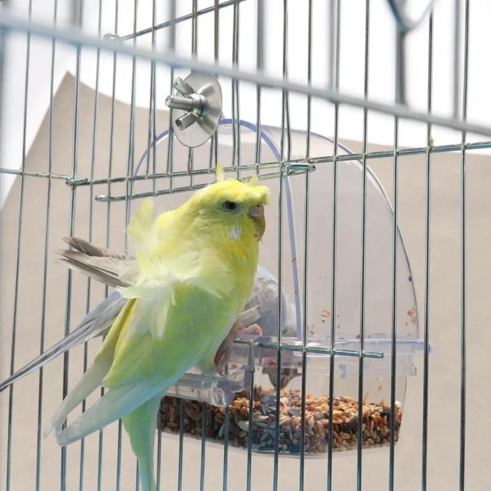 Alimentador de jaula para pájaros, caja de alimentación de plástico duradero transparente para loros, recipiente para alimentos de gran capacidad a prueba de salpicaduras para mascotas