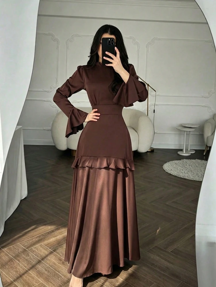 Novedades Otoño 2026: Vestido Maxi de Satén con Cintura Ajustada y Mangas Campana para Mujer — Elegante, Sofisticado, Perfecto para Eventos Nocturnos