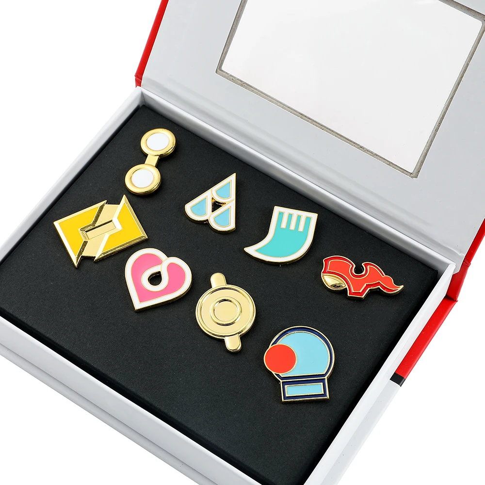 Set de 8 pines de esmalte de anime para gimnasio, broches de solapa de esmalte duro coloridos, insignias de entrenador, caja de regalo coleccionable para mochila