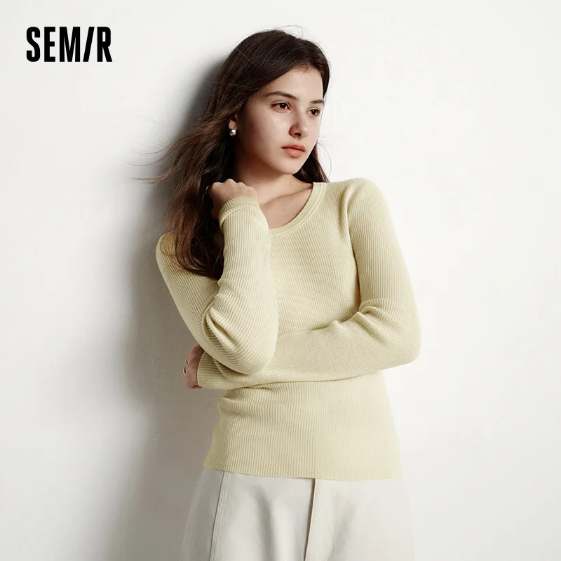 Semir-suéter de punto para mujer, Top ajustado liso con cuello de huevo de ganso, suéter de lana versátil, ropa para mujer 2025