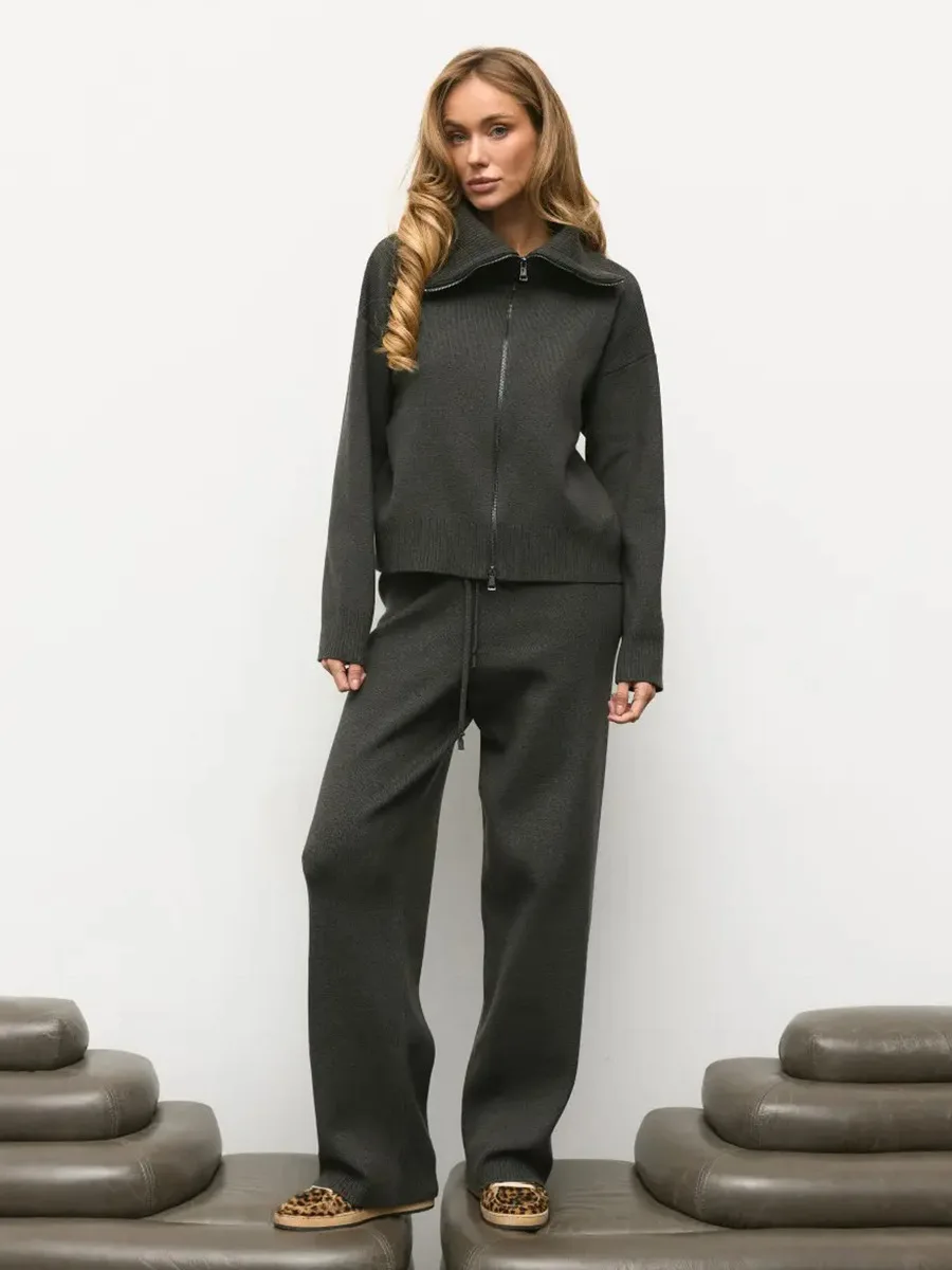 Conjunto de Punto con Capucha Wolfeel, Otoño/Invierno 2026, Nuevo Conjunto Casual de Dos Piezas con Top con Cierre y Pantalones Anchos con Cordón