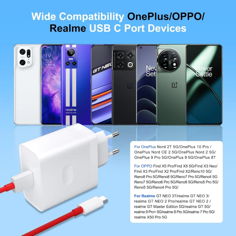 Cable tipo C de cargador rápido Super VOOC EU de 80W para OnePlus 9 9R 10 Pro 11 12 13 Nord CE 3 4 Lite 5 N200 N300 OPPO Realme Cables USB