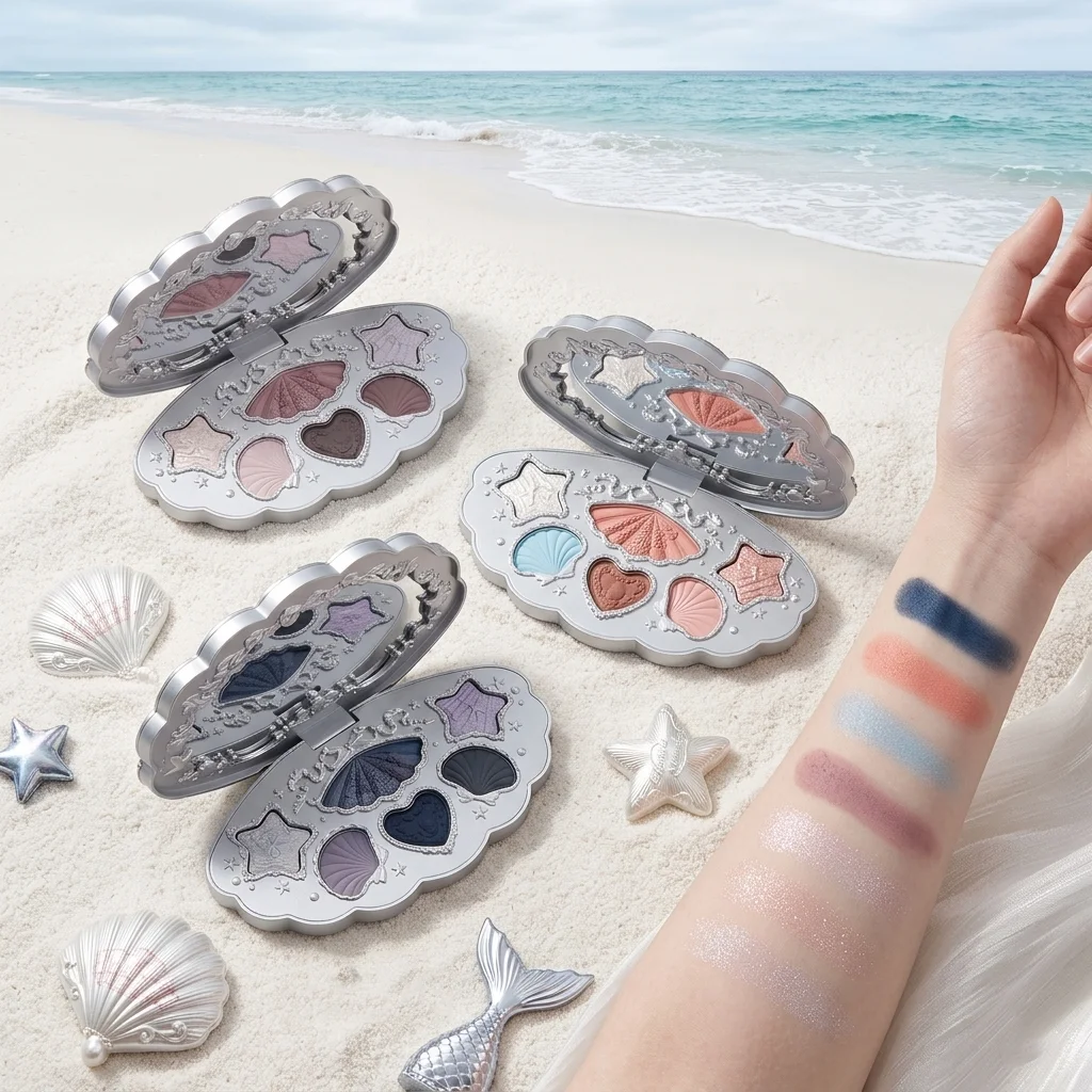Paleta de sombras de ojos Flower Knows Shells Jewel, 6 colores mate y brillante, paleta de maquillaje de larga duración altamente pigmentada, tema del océano
