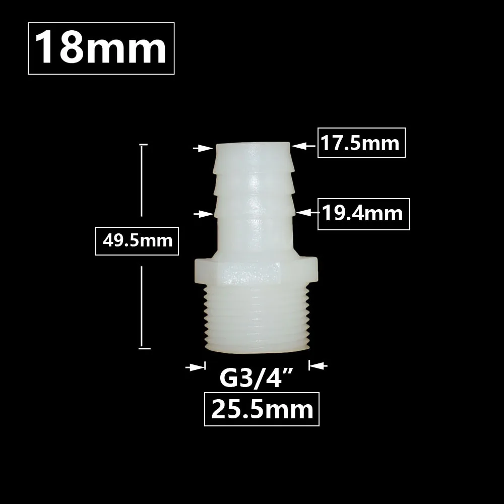 Rosca de 3/4 pulgadas a púas, conector de manguera de plástico de 10/12/14/16/18/20/25mm, accesorio de manguera, sistema de riego por goteo, acoplador de tubería