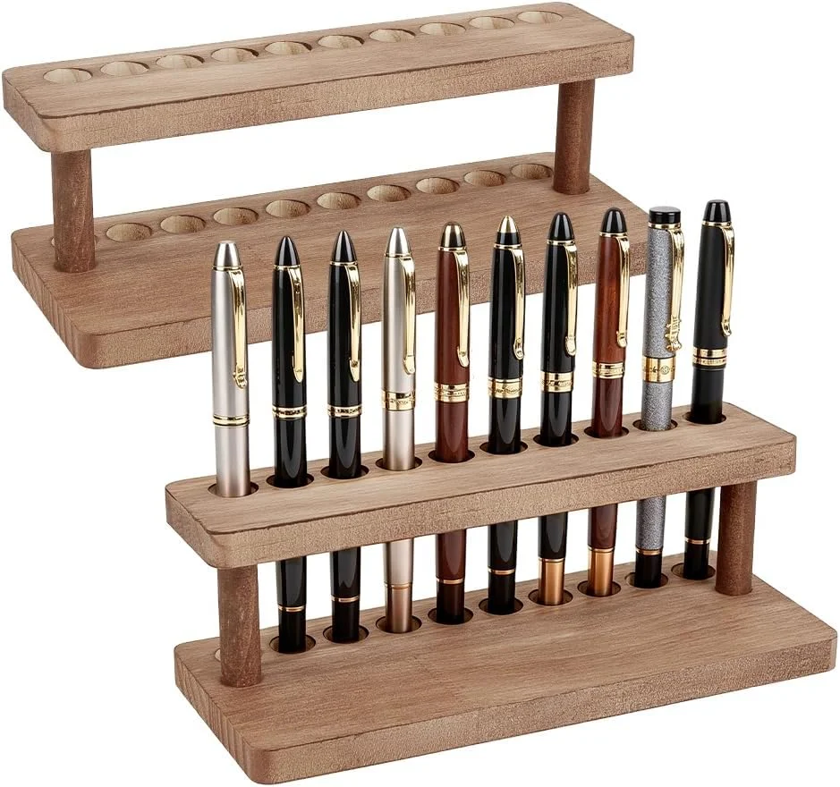 Expositor de Madera para 10 Bolígrafos, Color Marrón Coco, Organizador Vertical de Escritorio de Madera Maciza con Acabado de Madera Dura, Soporte para Bolígrafos de Tinta