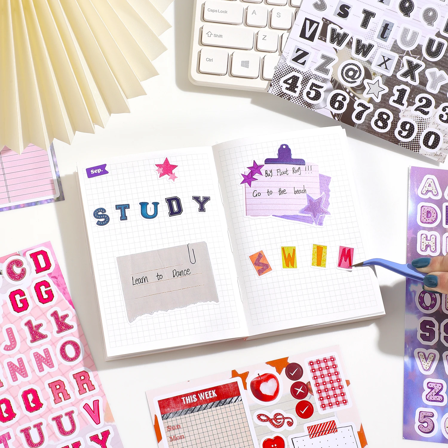 Libro de pegatinas de collage con más de 1000 piezas, pegatinas decorativas retro de letras y marcos para diario creativo y álbumes de recortes
