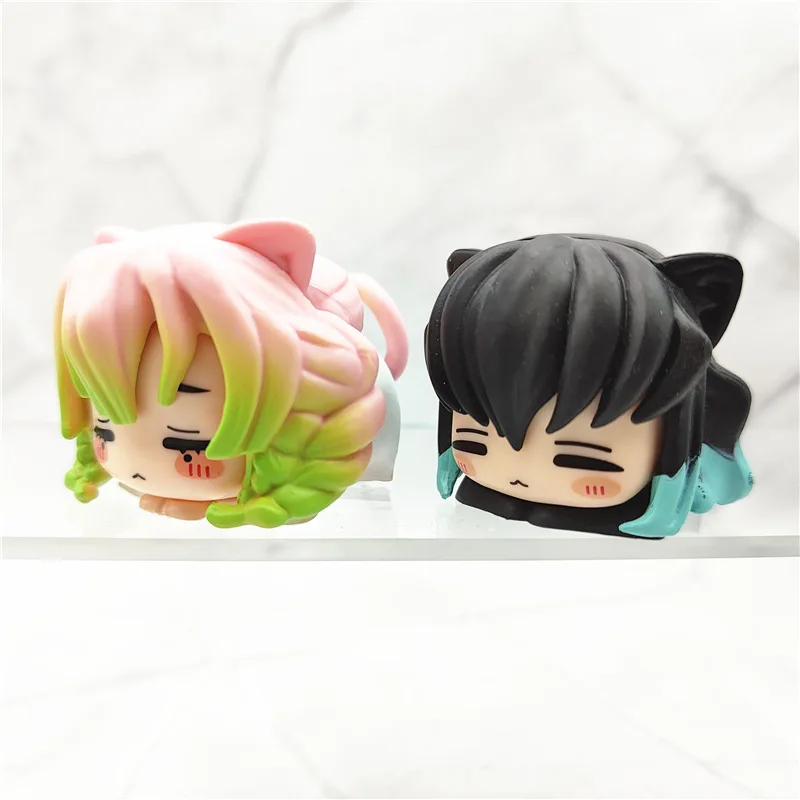 6 unids/set Anime Demon Slayer figura Nezuko Tanjirou Zenitsu Inosuke Mini estatuilla Kawaii oreja de gato figura para dormir PVC modelo muñeca Juguetes
