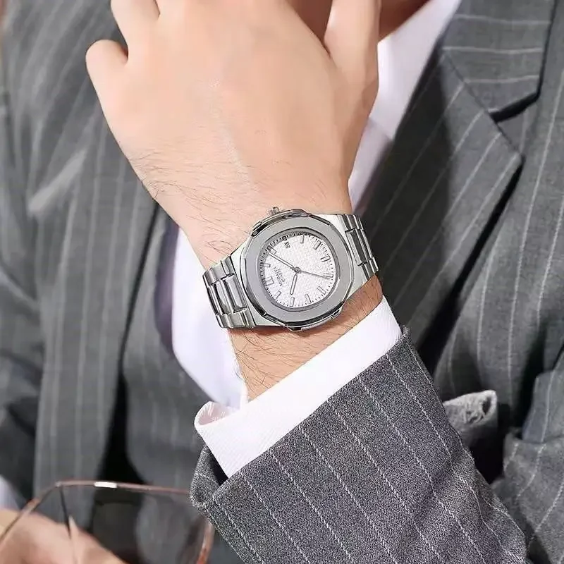 Reloj de Pulsera de Cuarzo Cuadrado de Negocios de Lujo de Moda, Diseño Clásico de Esfera con Rayas y Correa de Acero Inoxidable para Hombre, Relogio