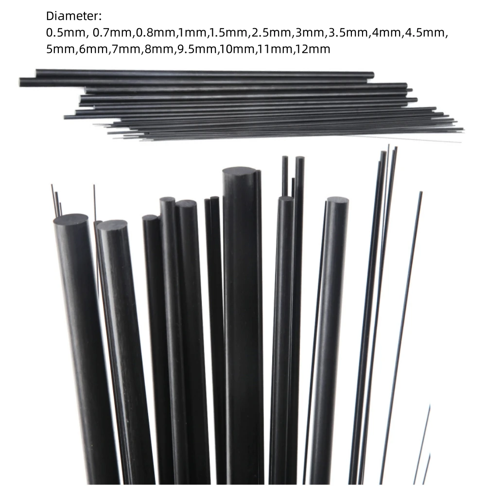 Varillas sólidas de fibra de carbono, diámetro de 0,5mm ~ 12mm, eje de carbono cilíndrico para modelos RC o bricolaje