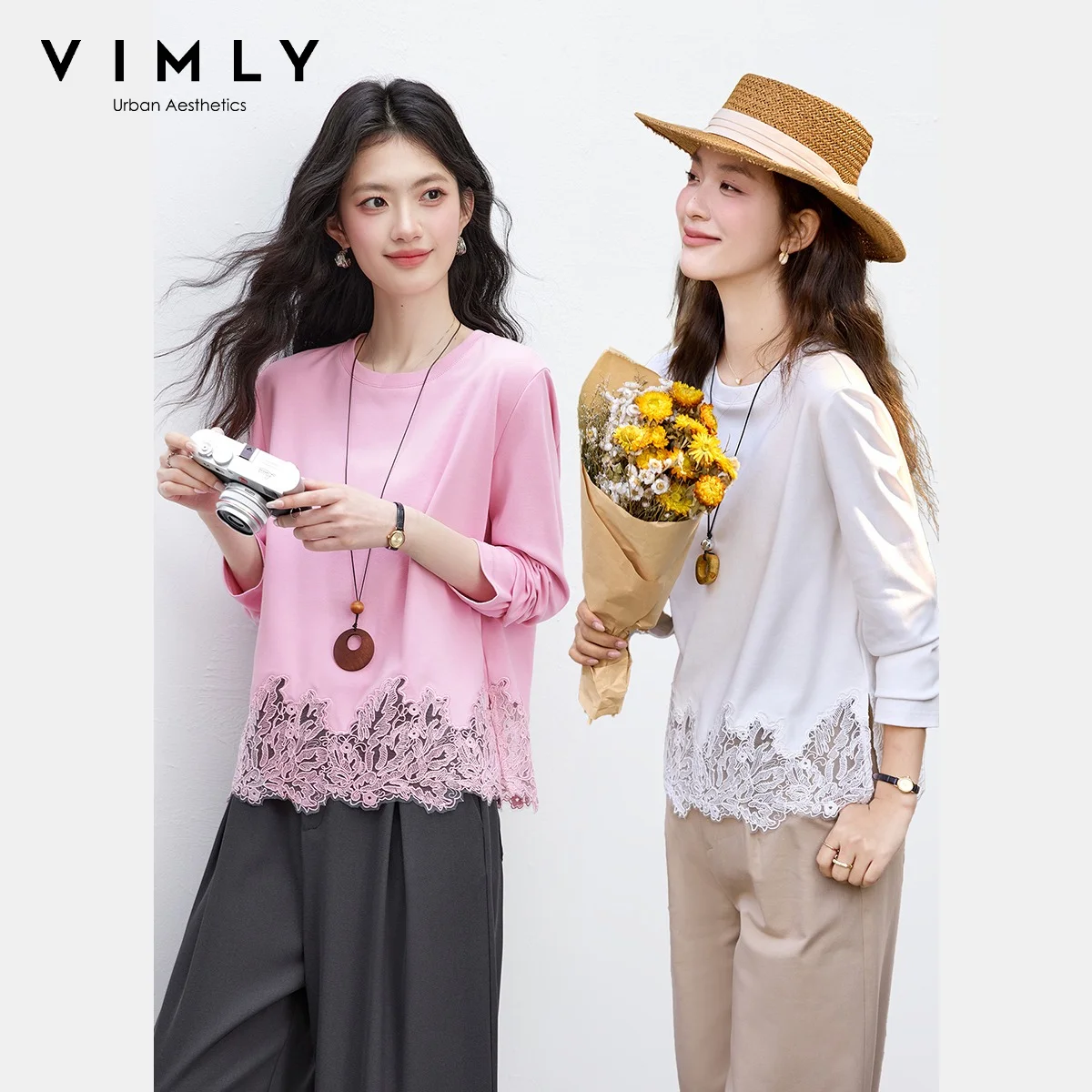 VIMLY Camisetas informales para mujer, primavera 2026, nueva moda, cuello redondo, ribete de encaje en contraste, Top holgado y versátil de manga larga A3980