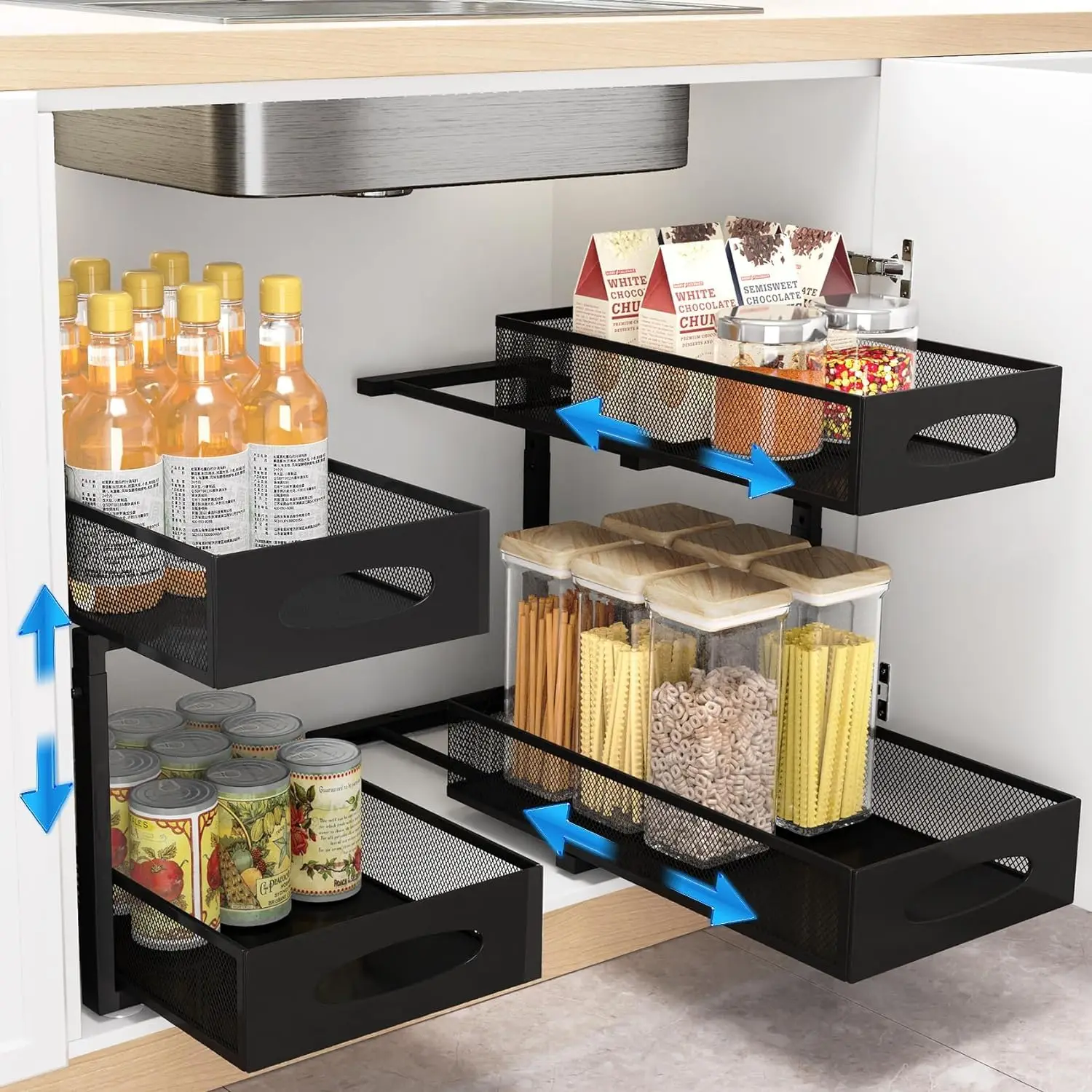 Organizadores y almacenamiento debajo del fregadero, organizador de gabinete extraíble de metal ajustable de 2 niveles para baño, cocina, despensa