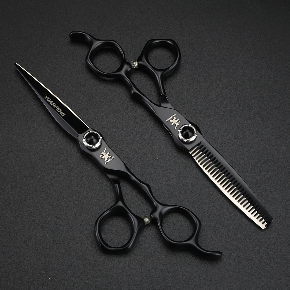 Tijeras para el cabello con tornillo de piedras preciosas negras, tijeras de corte de acero JP440C de 6 pulgadas y tijeras de adelgazamiento, herramienta profesional de corte de cabello