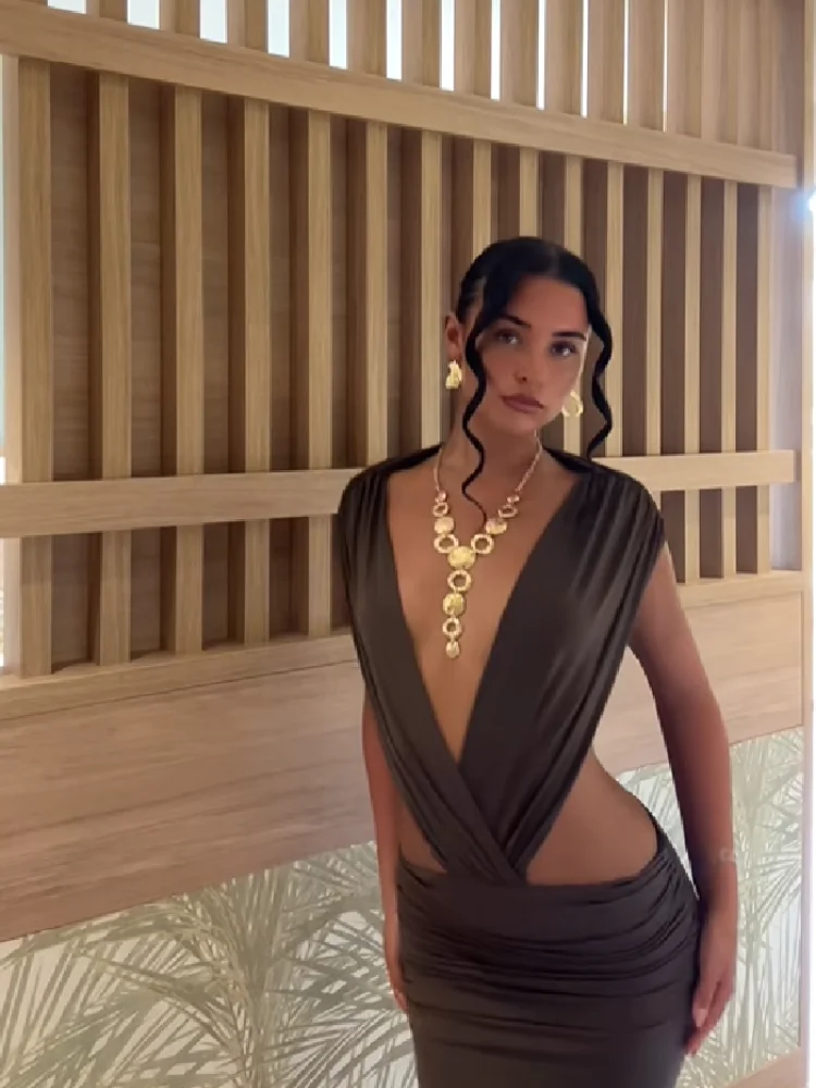Vestido Maxi Bodycon Chic sin Espalda con Escote en V Profundo y Aberturas en la Cintura para Mujer 2026, sin Mangas, Fruncido, para Fiesta, Club o Noche