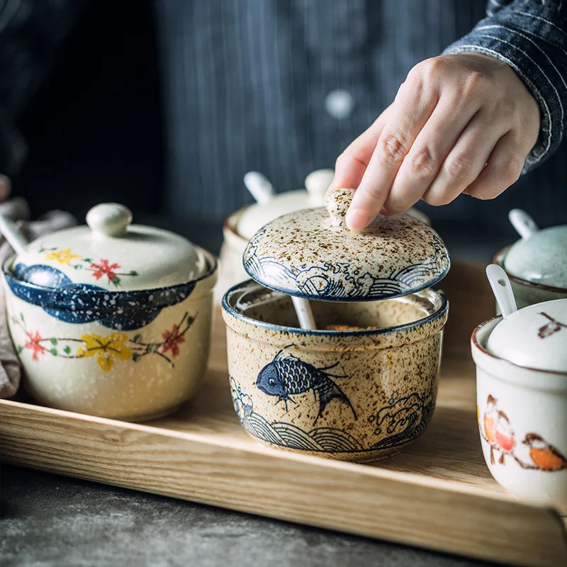 Tarro de cerámica para condimentos con tapa y cuchara, tarros de especias de cocina para sal, azúcar, pimienta y té, caja de almacenamiento de condimentos de estilo japonés, 1 Uds.