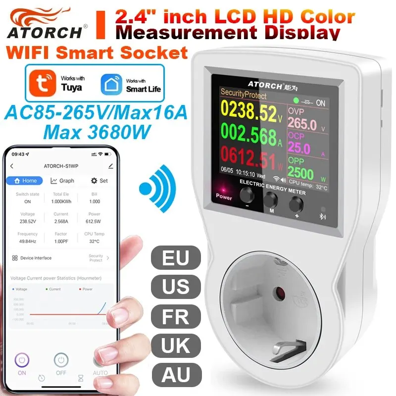 AC85-265V 16A Tuya WIFI enchufe inteligente vatímetro Digital consumo de electricidad energía Kwh con interruptor medidor de energía