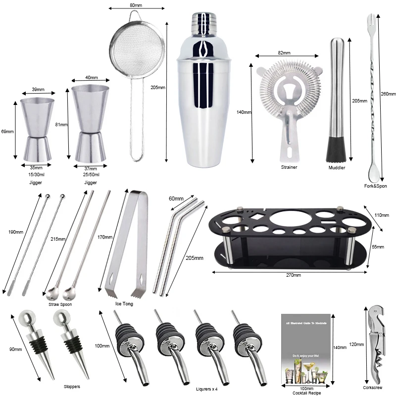 Juego de herramientas para coctelera de 750ml de Boston de 13-22 Uds. de ml, kit de herramientas para coctelera con soporte