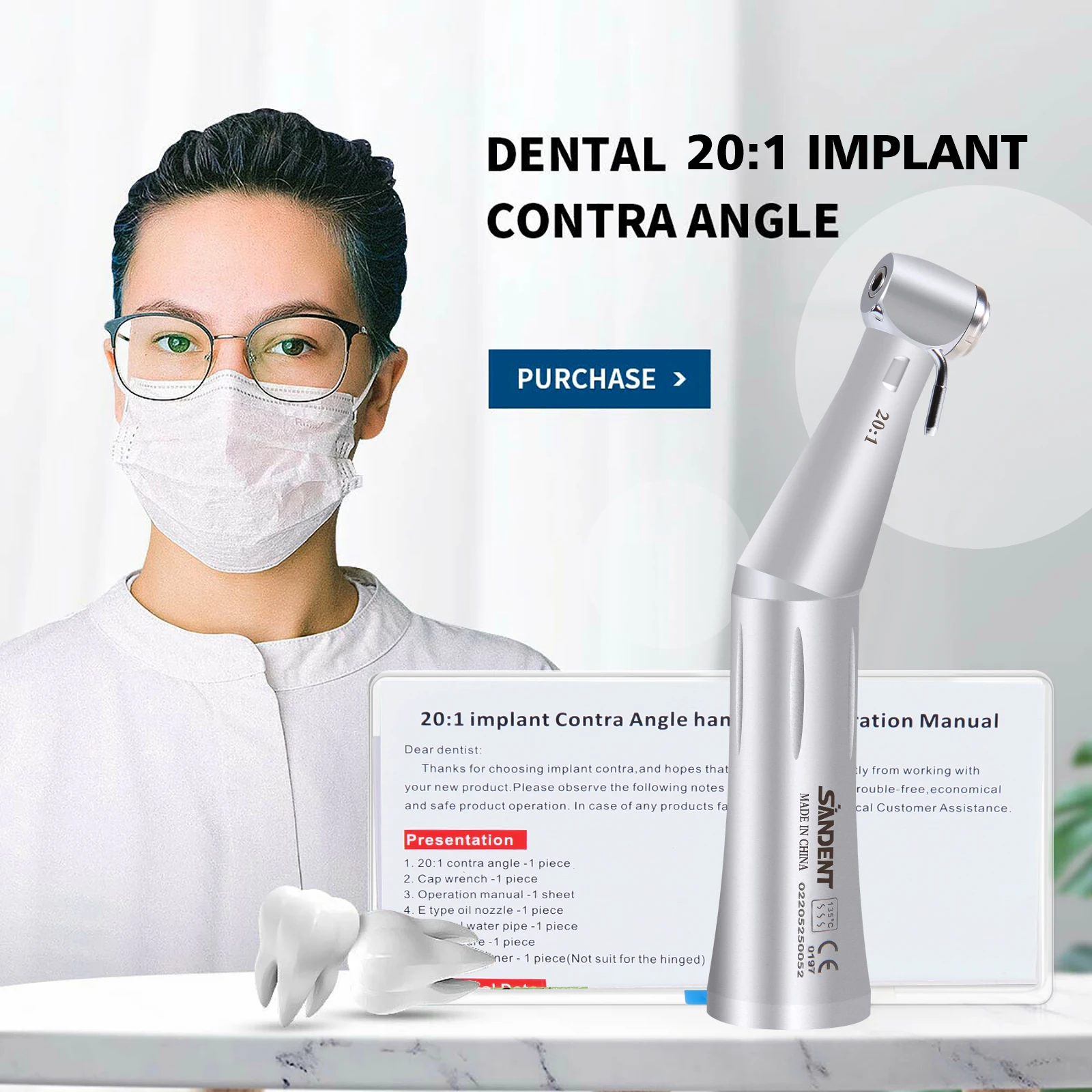 Pieza de mano dental contra-ángulo 20:1 de baja velocidad con botón pulsador, sistema de irrigación doble, compatible con N-S-K para implantes dentales