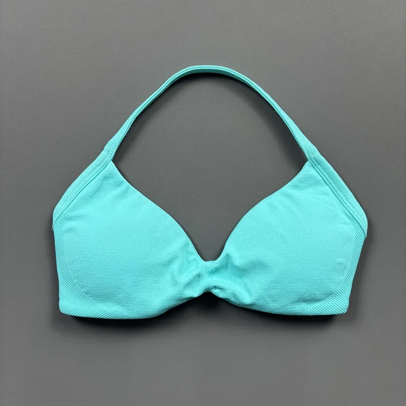 Sujetador deportivo con tirantes para mujer, top de gimnasio de alto soporte, tirantes finos, sin costuras, estilo halter, sujetadores deportivos con efecto fruncido para entrenamiento y yoga, con almohadillas