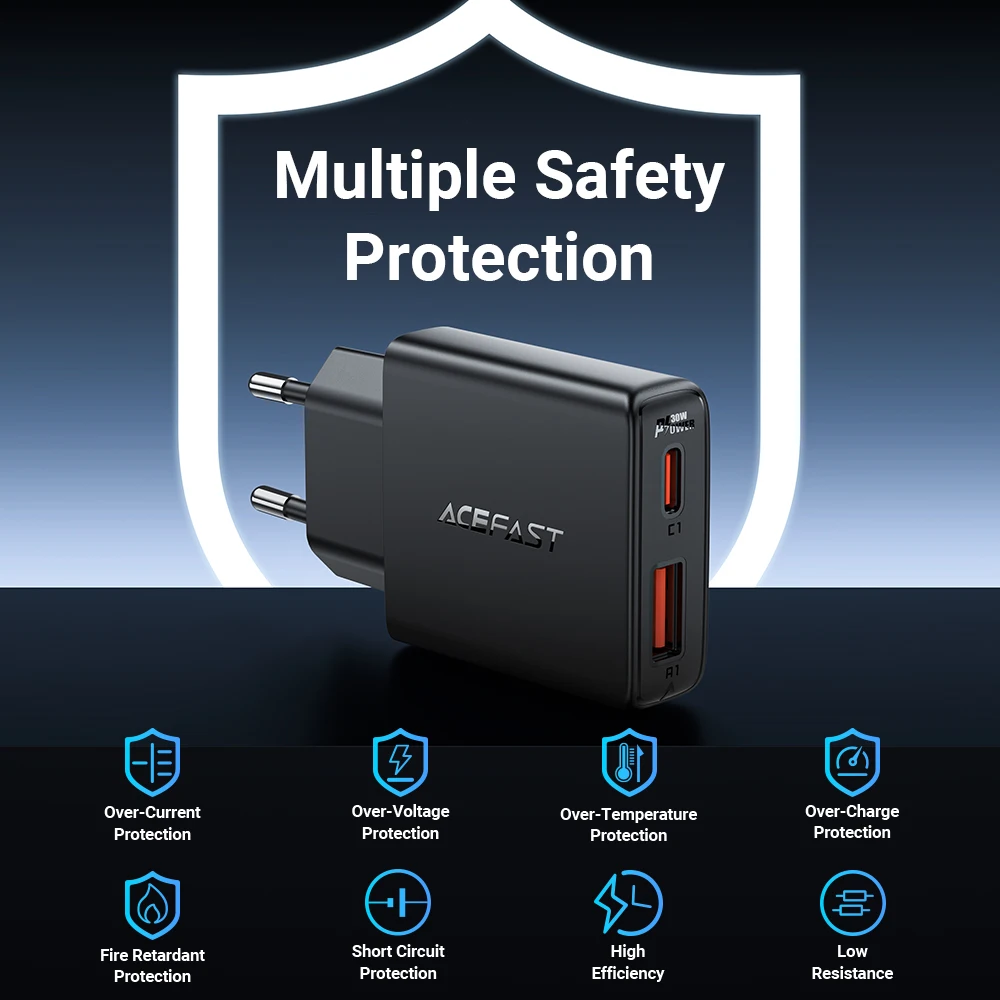 ACEFAST-cargador de teléfono ultrafino GaN PD30W, carga rápida para iPhone 17/16/15 Pro Max, carga rápida de viaje para pared para Samsung S23