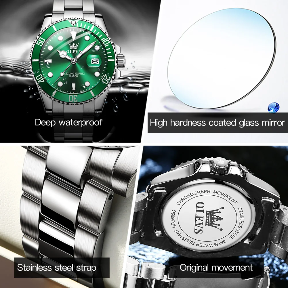 OLEVS 5885 relojes para hombre, correa de acero inoxidable de negocios, reloj de cuarzo verde, calendario resistente al agua, reloj de pulsera luminoso de alta calidad