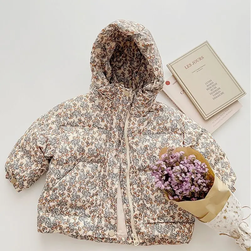 Parka de Invierno para Bebés Niñas, Chaqueta con Capucha Acolchada de Algodón con Estampado Floral, Ropa Exterior Gruesa a Prueba de Viento para Niños Pequeños