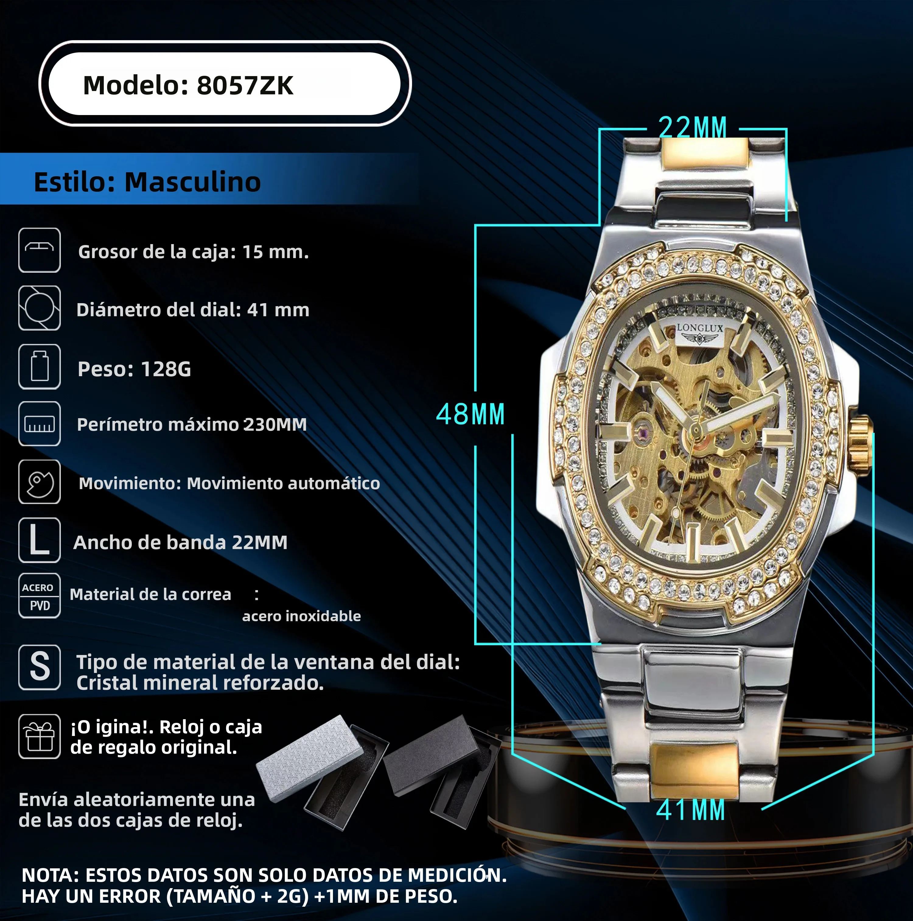 Reloj de Hombre Automático LONGLUX, Relojes de Pulsera Mecánicos de Acero Inoxidable de Lujo al por Mayor, Reloj de Hombre con Diamantes, Esqueleto, Resistente al Agua