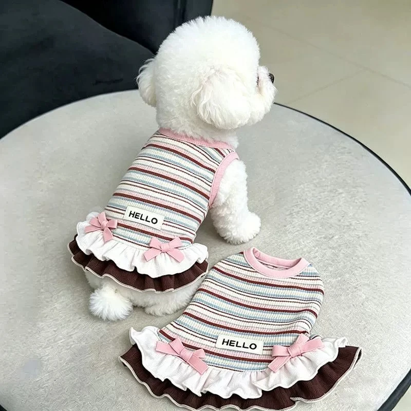 Vestido a Rayas para Perro con Lazo, Ropa para Mascotas con Volantes, Atuendo Transpirable de Verano para Perros Pequeños Bichón