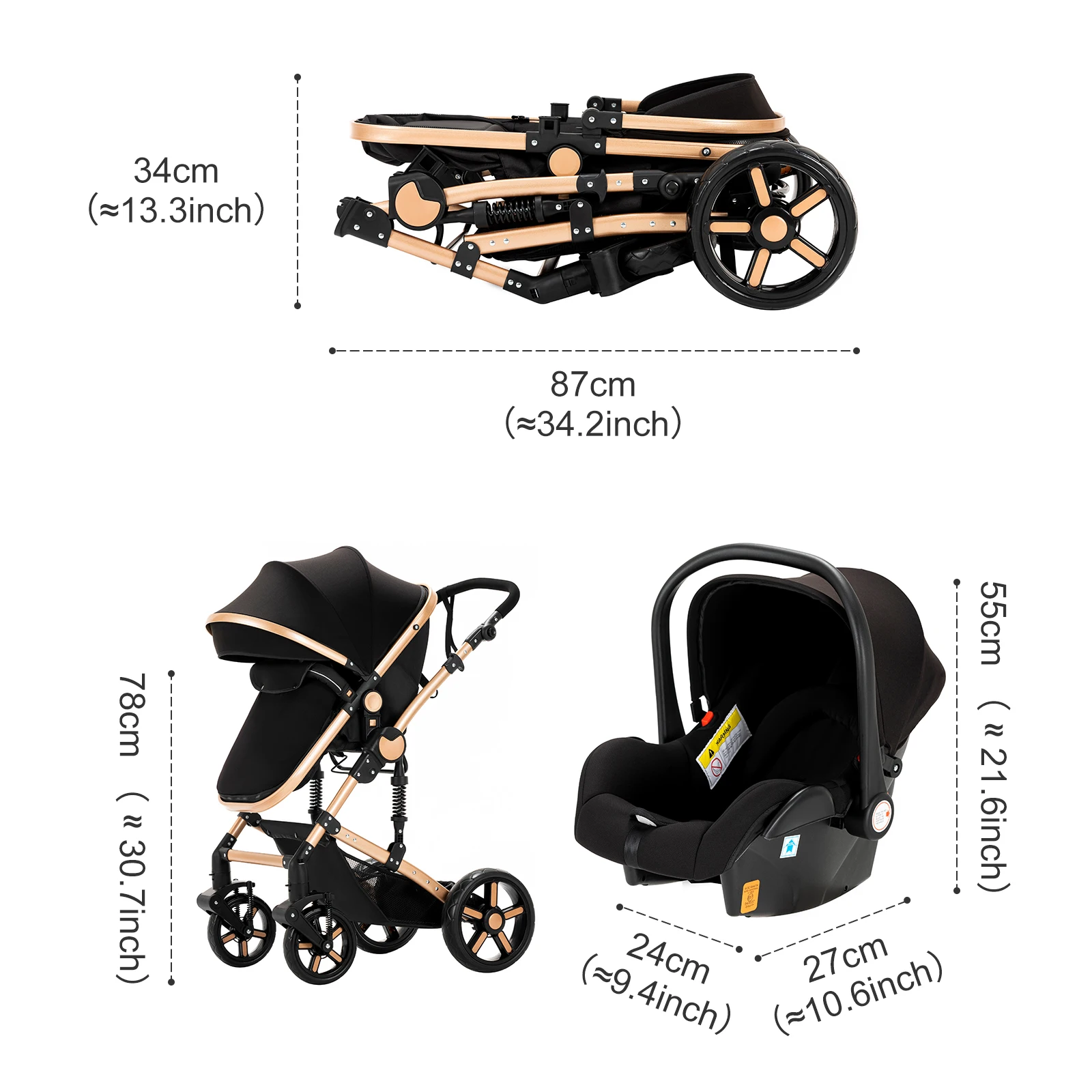 Sistema de viaje para bebé 3 en 1, cochecito y silla de paseo con asiento para automóvil, estructura ligera, plegable y compacto, posición alta, ruedas amortiguadoras, asiento reversible, respaldo de múltiples posiciones, capota extensible, protección UV, cesta de almacenamiento espaciosa.