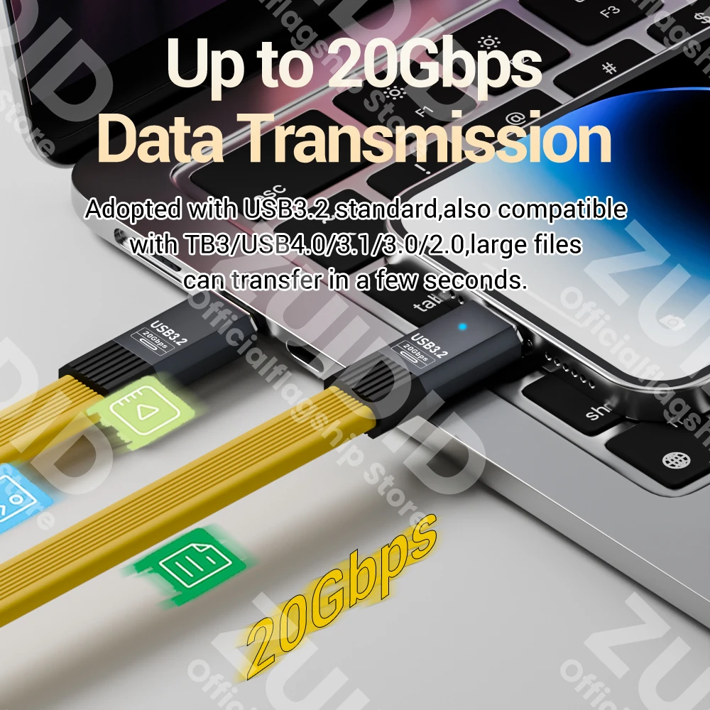 USB3.2 20Gbps tipo C a tipo C Cable de datos plano ThunderBolt 3 PD100W 5A Cable de USB-C para iPhone 15 Pro MacBook Pro Samsung Xiaomi
