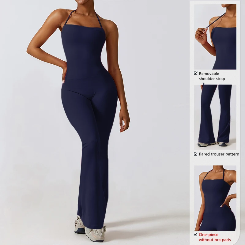 Nuevo mono de yoga sin mangas para mujer, overol acampanado para gimnasio, ropa deportiva con cuello halter y espalda descubierta para mujer