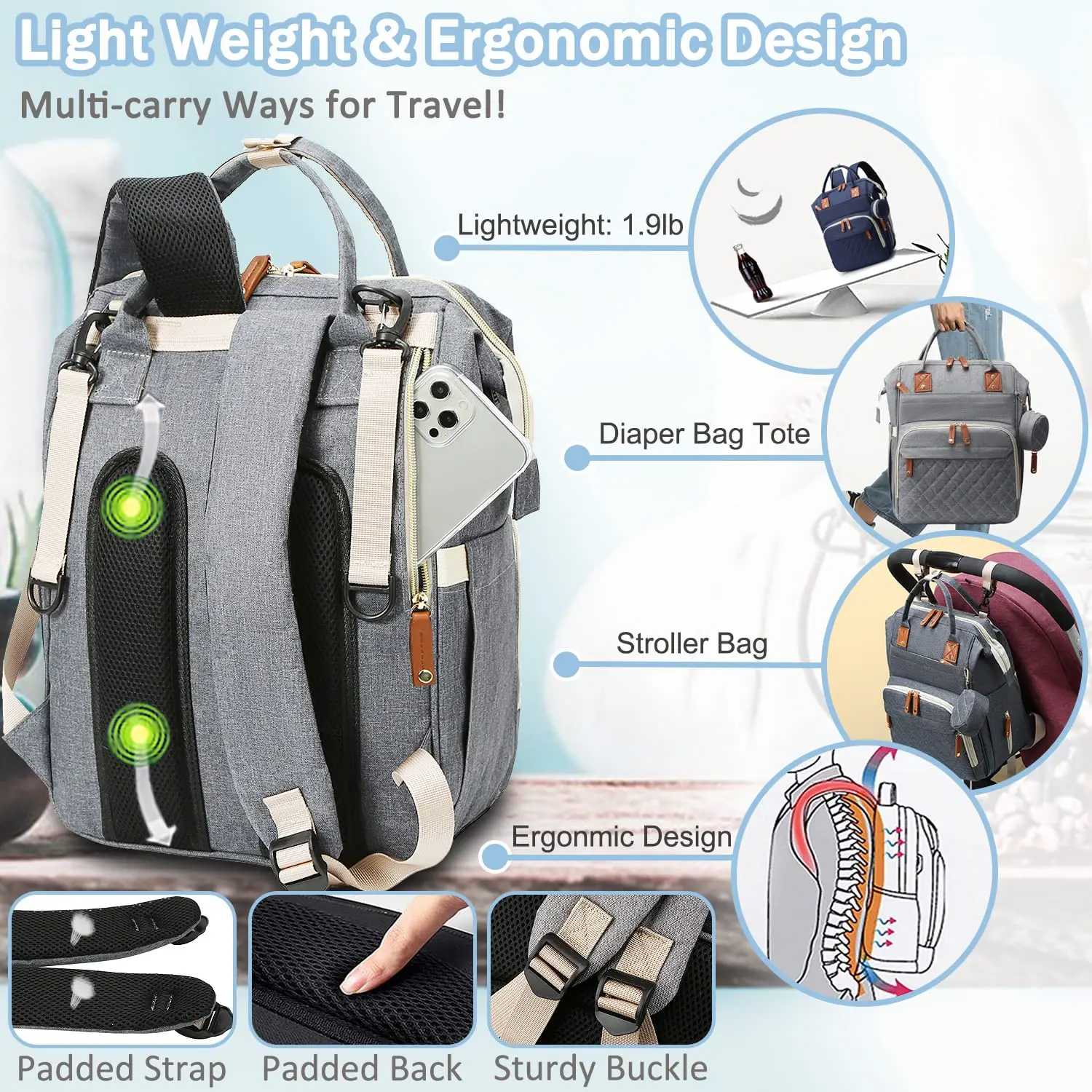 Bolsa de pañales Mochila Bolsa de bebé, Bolsa de pañales para bebé niña niño para papá mamá con almohadilla, Bolsas de pañales grandes de viaje con estuche para chupete