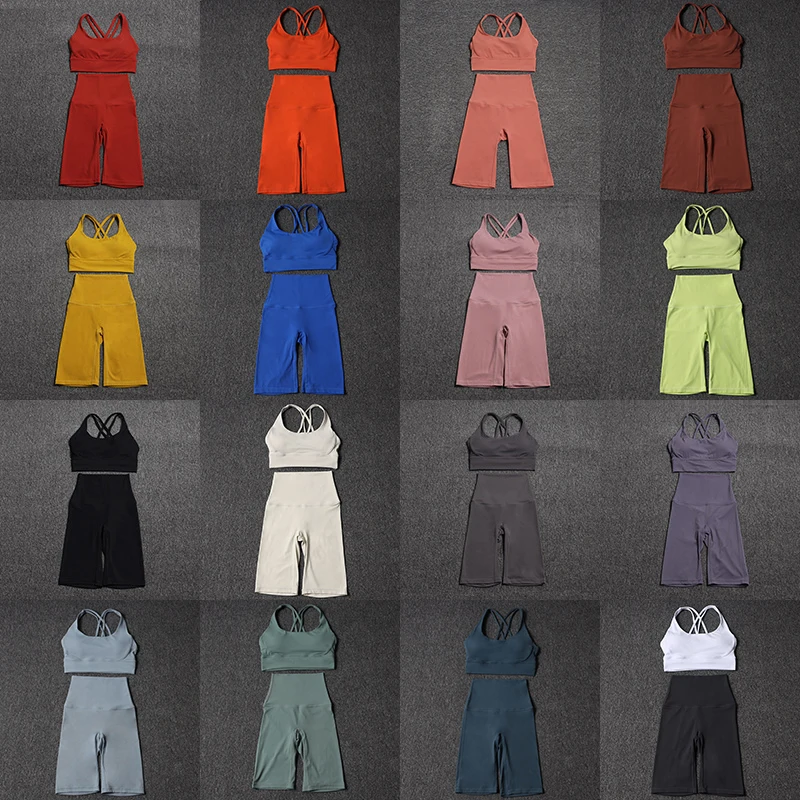 Conjunto de Yoga de Nailon de Dos Piezas para Gimnasio, Top Deportivo para Mujer, Pantalones Cortos de Ciclismo, Ropa Deportiva para Fitness, 45 Colores, Ropa para Mujer