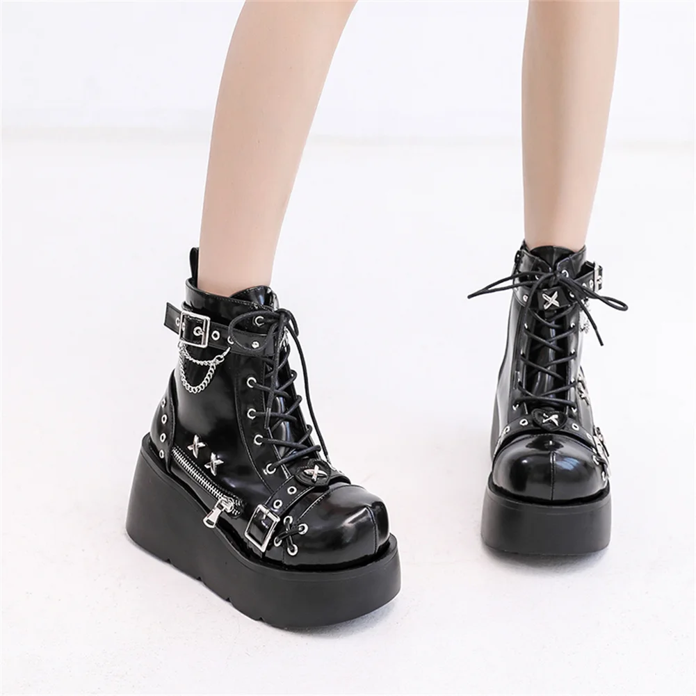 Botines de plataforma góticos para mujer, nuevos, con hebilla, cremallera y remaches, estilo punk, con tacón de cuña, para fiesta y calle.