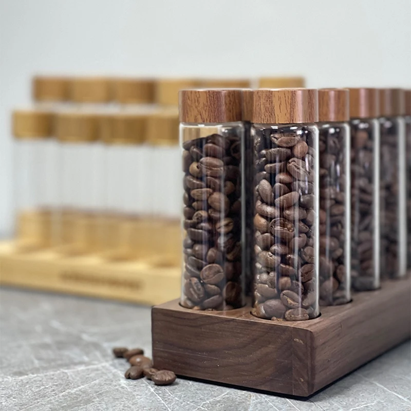 Tubo de almacenamiento de granos de café, vidrio de dosis única, 17g, 22g, contenedor a base de nogal con embudo, accesorios para Espresso, productos, herramientas de Barista