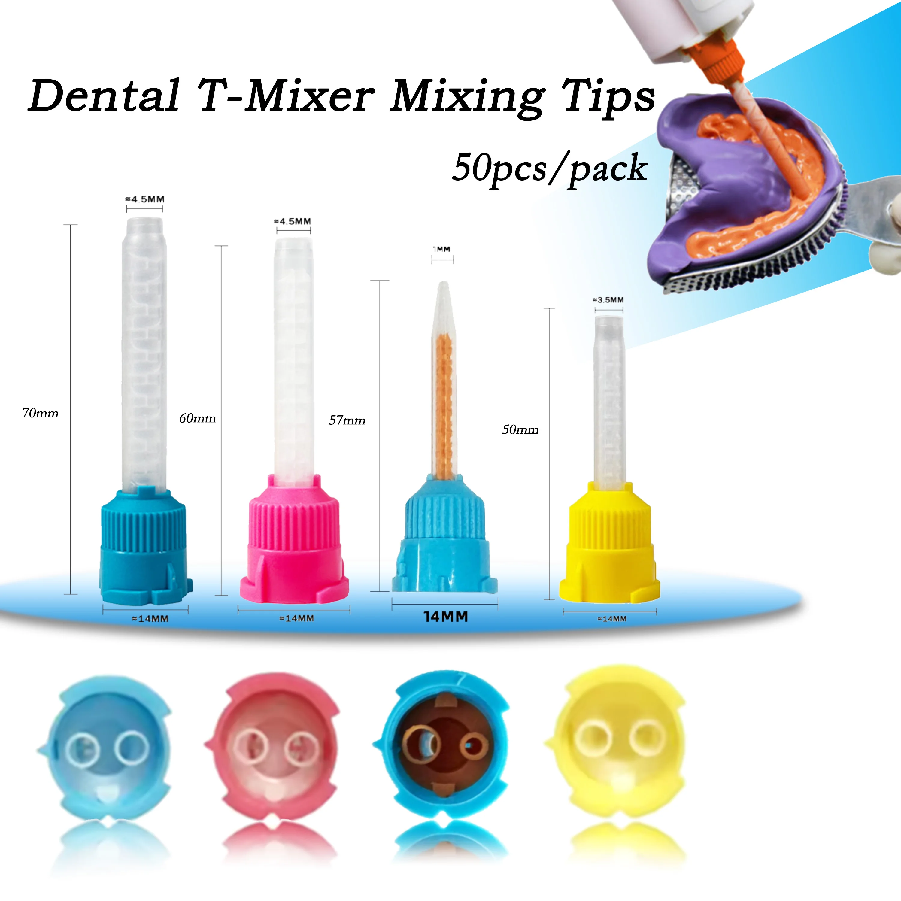 50 unidades/paquete Puntas de mezcla dentales de silicona con tubo de mezcla, relación 1:1, para materiales de impresión desechables en odontología