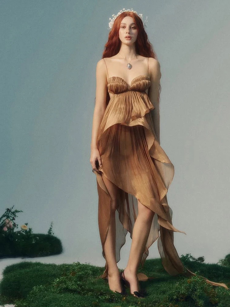 Vestido Maxi Irregular con Volantes y Borlas para Mujer, sin Espalda, sin Mangas, Escote Bajo, Elegante para Fiesta de Cumpleaños