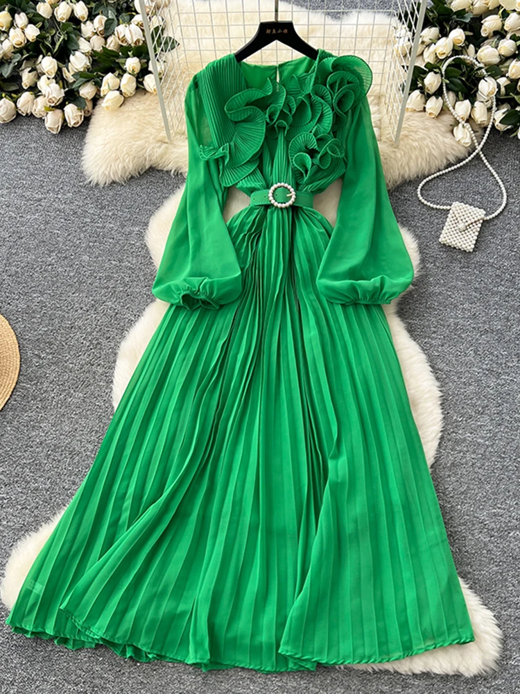 2026 primavera otoño moda elegante vestido para mujeres nuevo francés seta borde prensado suelto gasa manga larga vestido largo C141