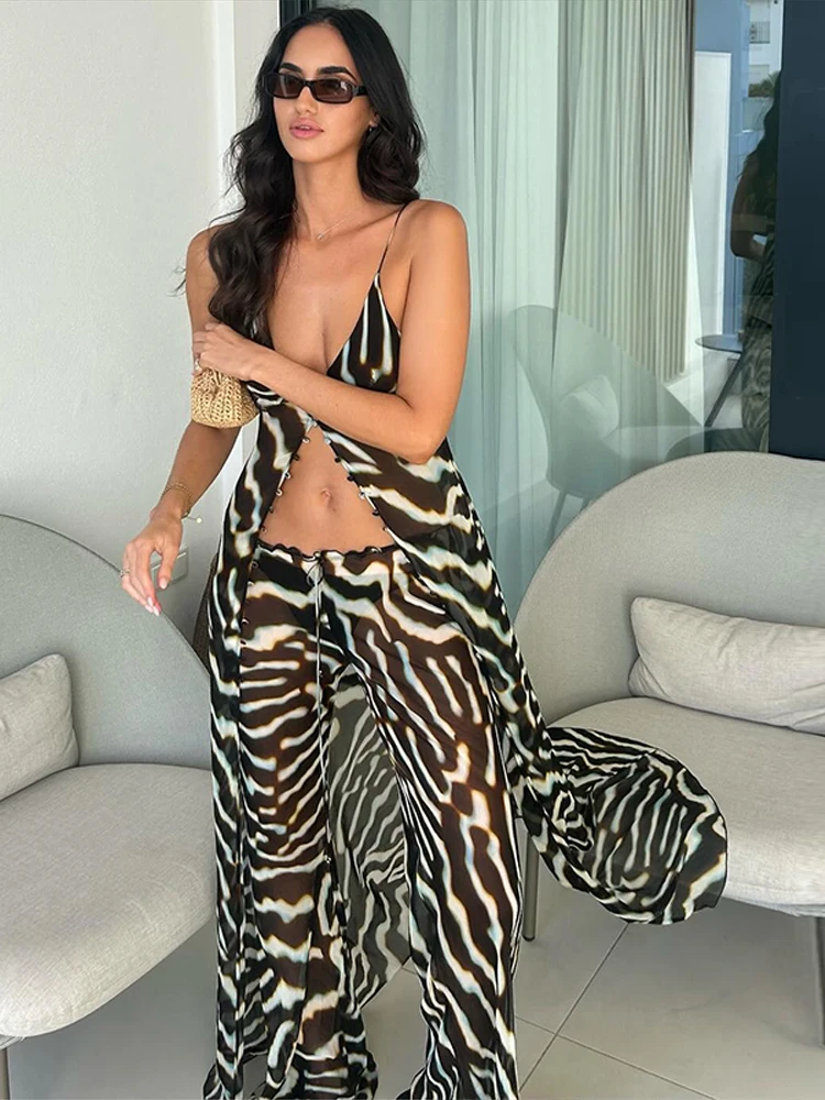 Conjunto de 2 Piezas de Chifón Transparente con Estampado de Cebra para Mujer, Top Corto con Cuello en V y Pantalones Anchos, Atuendo Casual Chic para Vacaciones