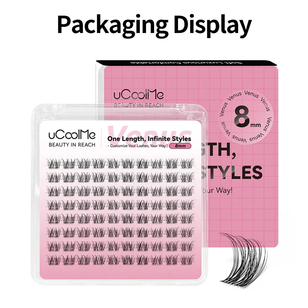 Pestañas Postizas uCoolMe Lashes Venus de Longitud Única, 80 Piezas, Banda Invisible, 8, 10, 12, 14, 16 mm, Extensiones de Pestañas de Tamaño Uniforme y Cero Desperdicio