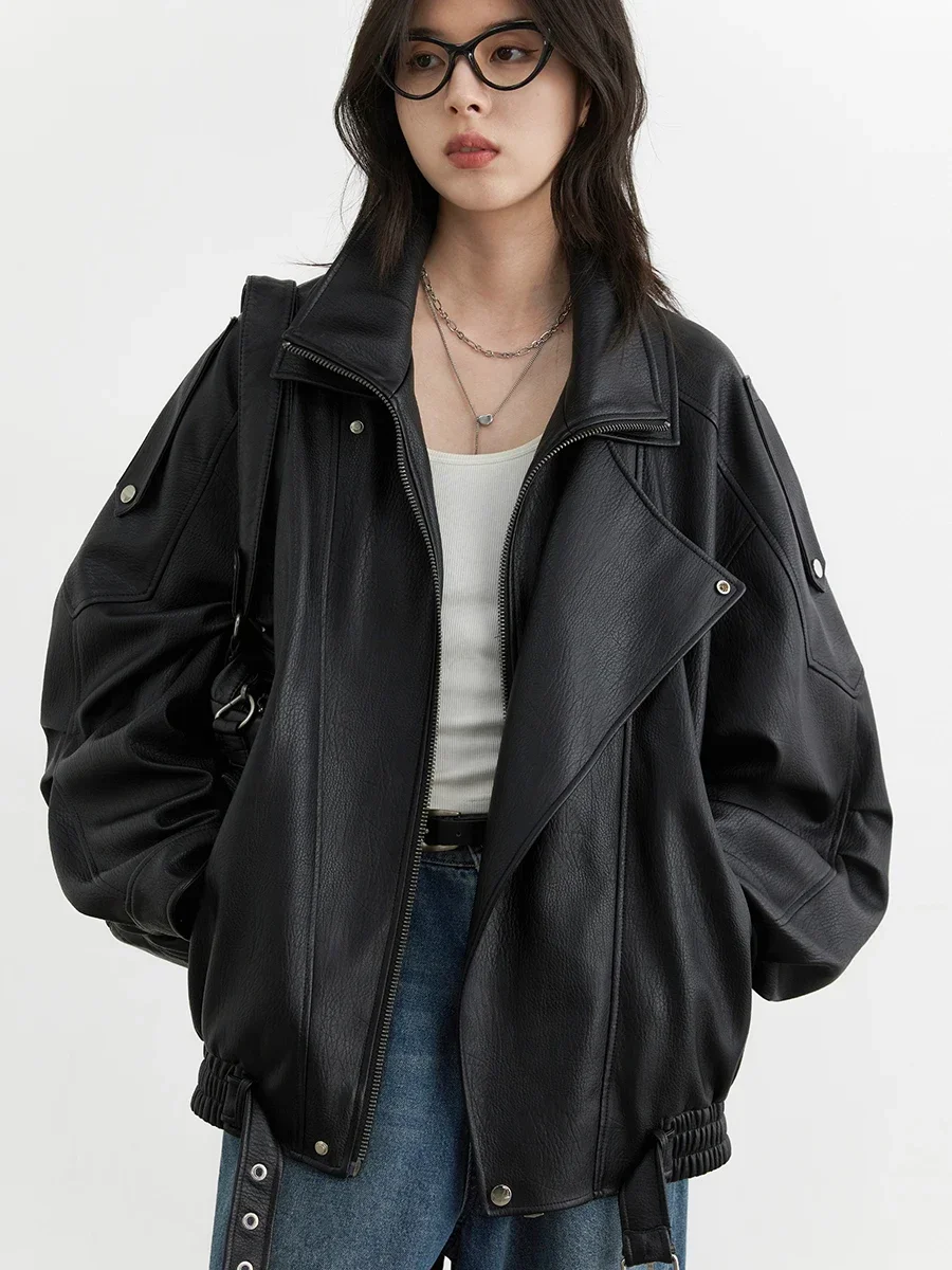 Chaqueta de PU para Mujer CHIC VEN, Estilo Retro, Cuello Alto, Suelta, Nueva, Chaqueta de Cuero Sintético para Motocicleta, Primavera-Otoño 2026