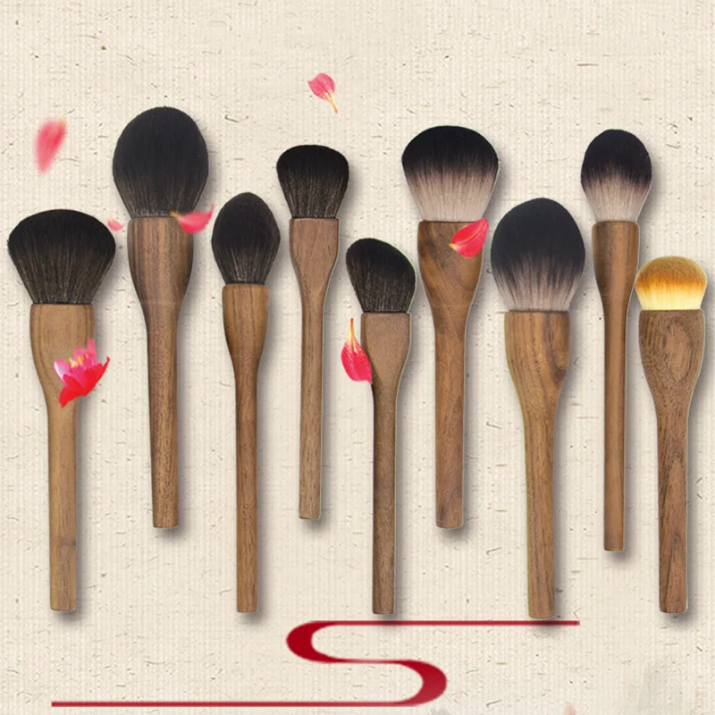 Brocha de maquillaje con mango de madera Vintage, brocha de contorno de base en polvo suelto de nogal de alta calidad, herramienta de belleza súper suave, 6 uds.