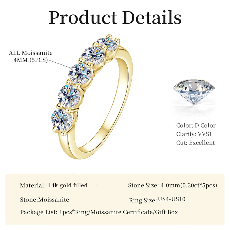 Anillo de moissanita de cinco piedras de 4mm certificado por Lnngy, anillos de aniversario de media eternidad rellenos de oro de 14K para mujer, regalo de joyería para fiesta